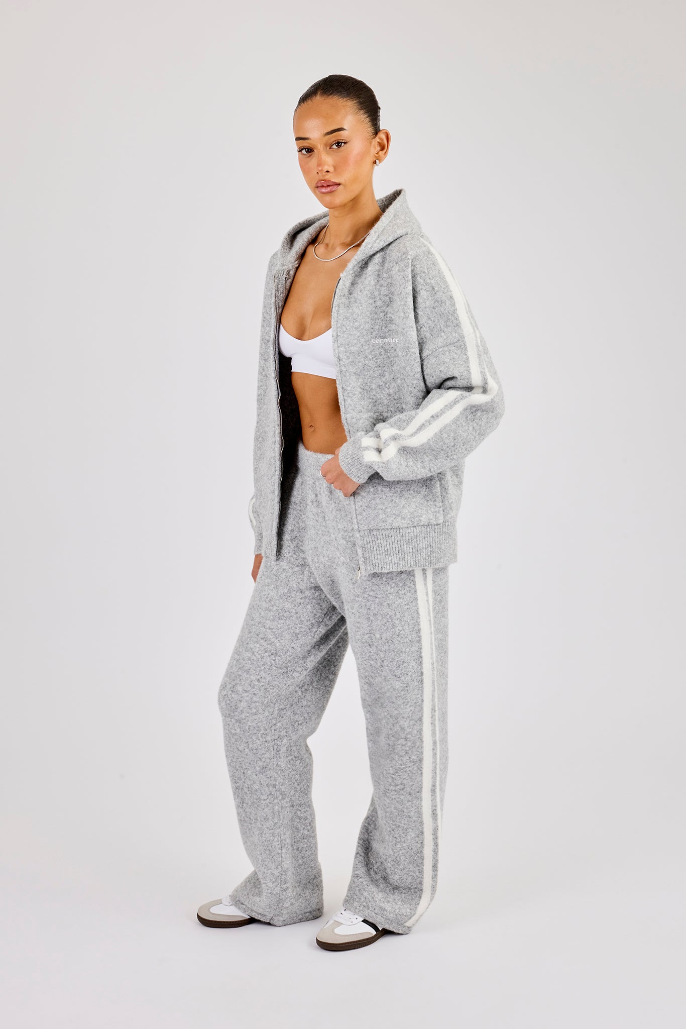 Oversized Knitted Stripe Zip Through & Wide Leg Jogger - Grey